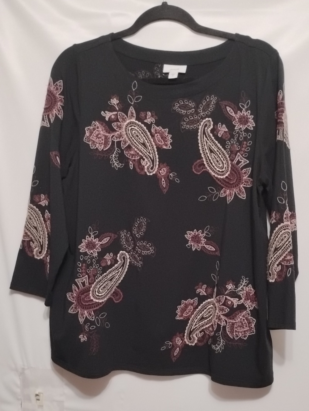Purejill Charming Embroidered Black Paisley Floral Long Sleeve Top